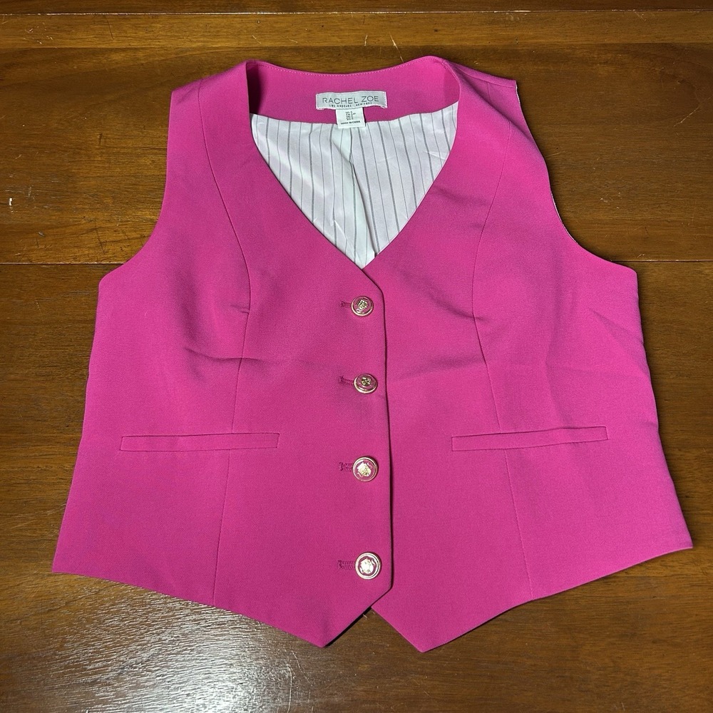 Rachel Zoe Fuschia Hot Pink Gold Button Vest Waistcoat Chic Preppy Old Money S